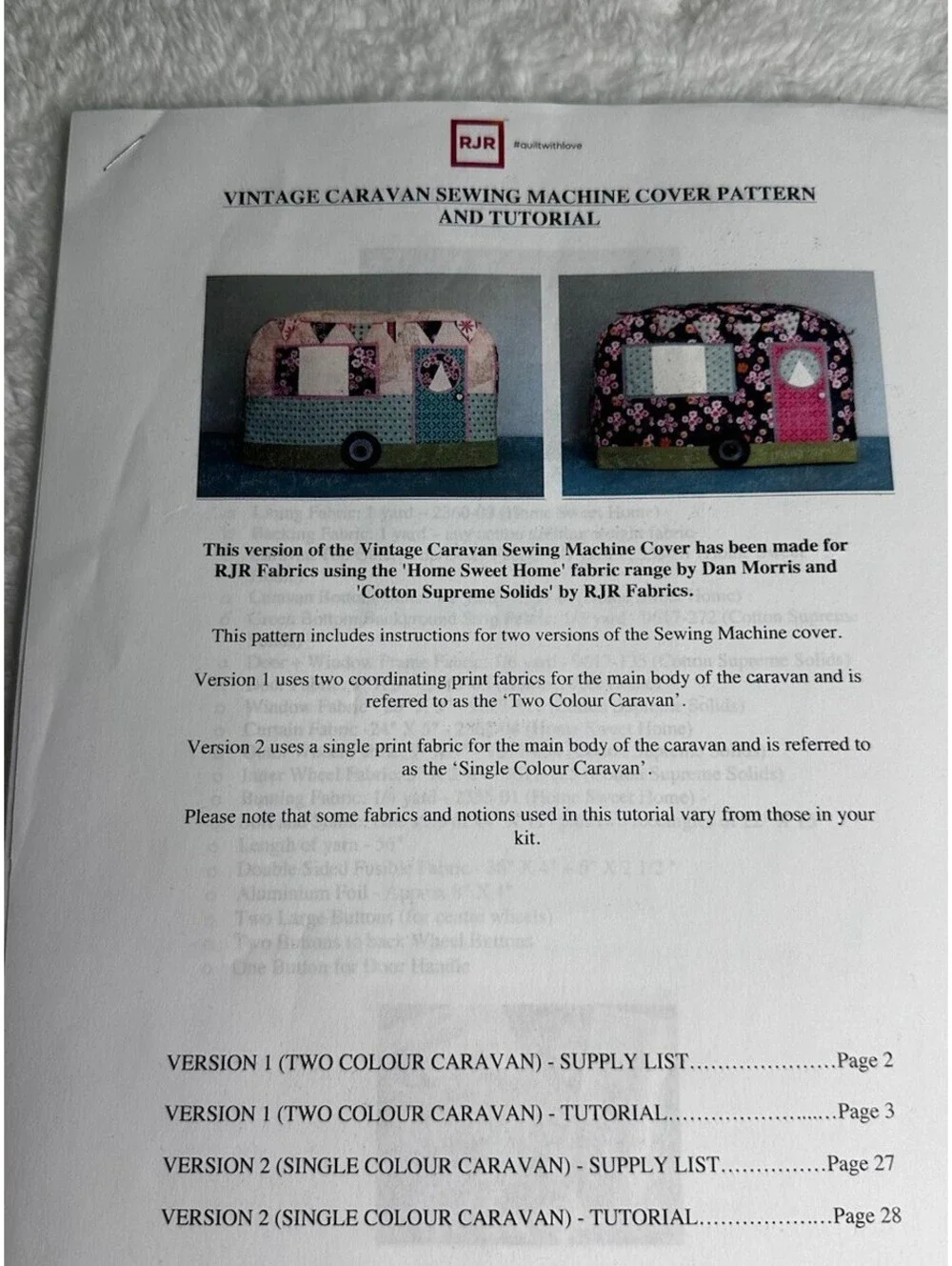 Vintage Caravan Sewing Machine Cover Pattern Kit - Home Sweet Home Fabric New